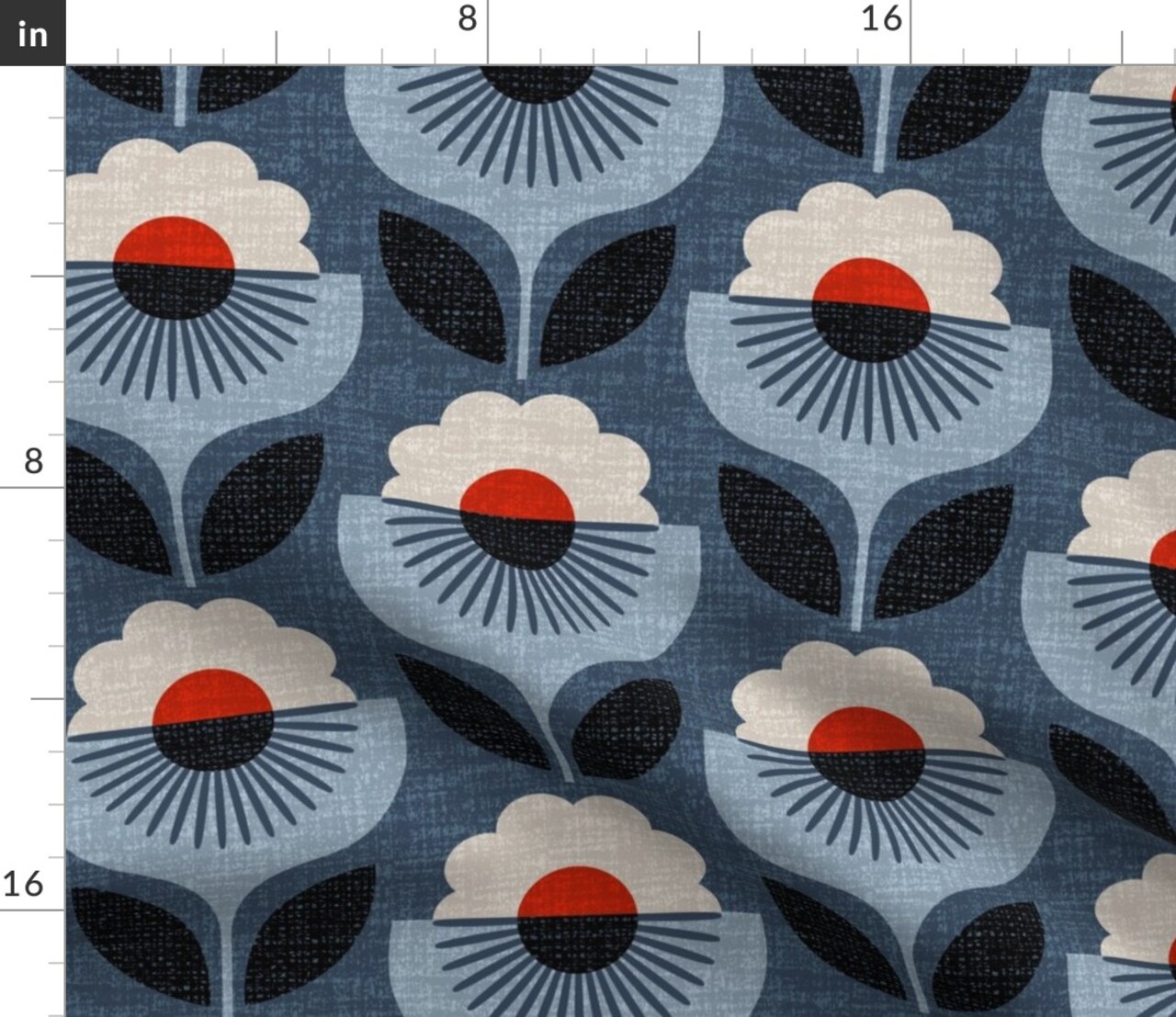 Geometric Floral Blue Red Black Art Deco Scandinavian Modern Minimalist Mid Century Custom Printed Fabric by Spoonflower Various Fabrics by the Yard or Fat Quarter